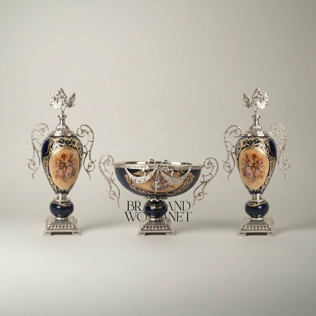Rococo Cobalt Ceramic & Brass Garniture Set — Floral Cartouche with Swag & Bow Centrepiece — Silver
