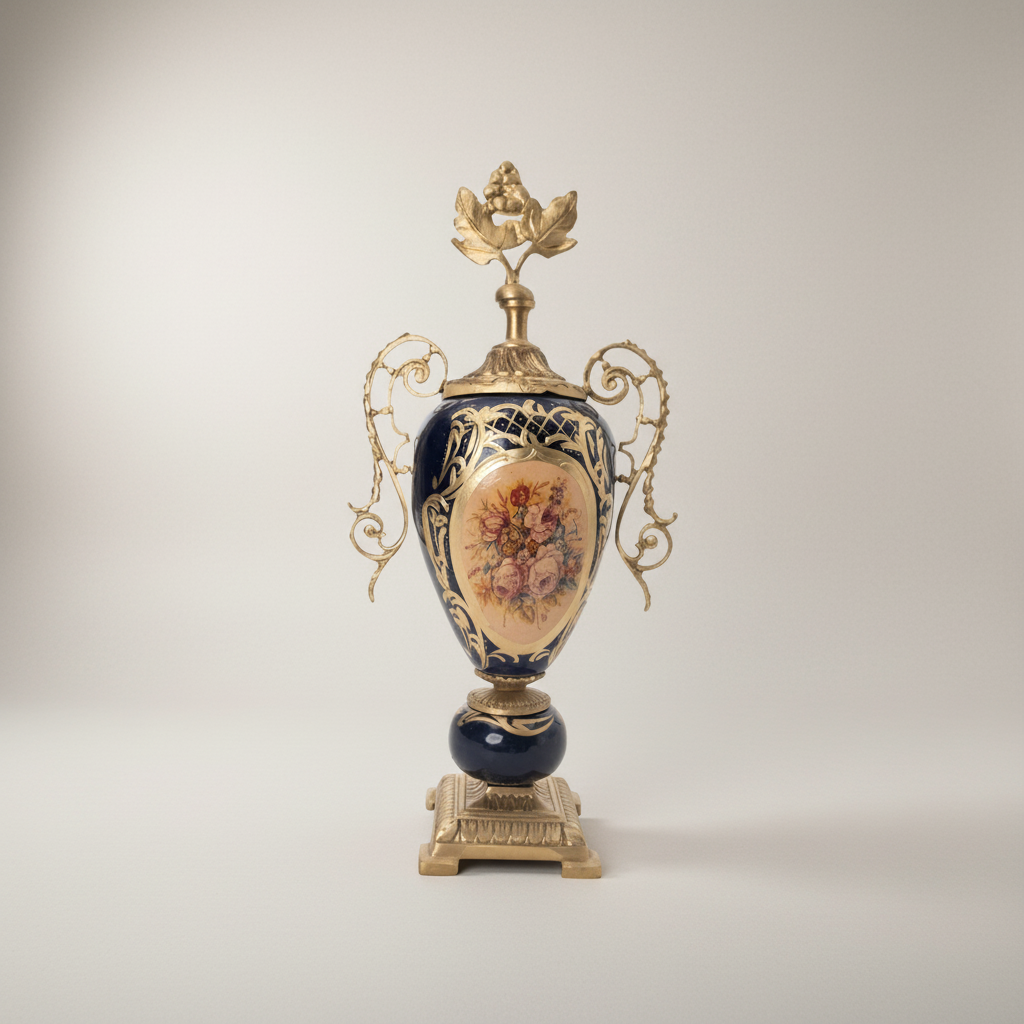 Rococo Cobalt Ceramic & Brass Garniture Set — Floral Cartouche with Swag & Bow Centrepiece — Antique Gold