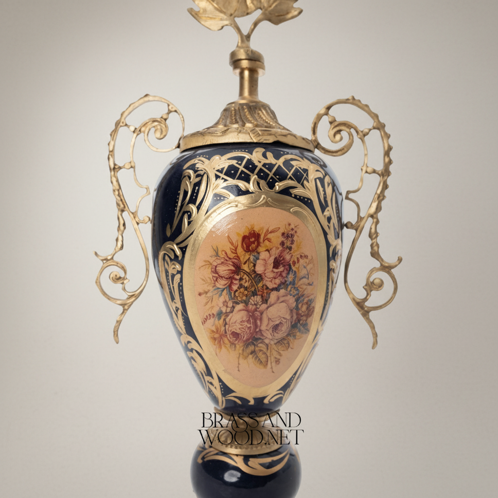Rococo Cobalt Ceramic & Brass Garniture Set — Floral Cartouche with Swag & Bow Centrepiece — Antique Gold