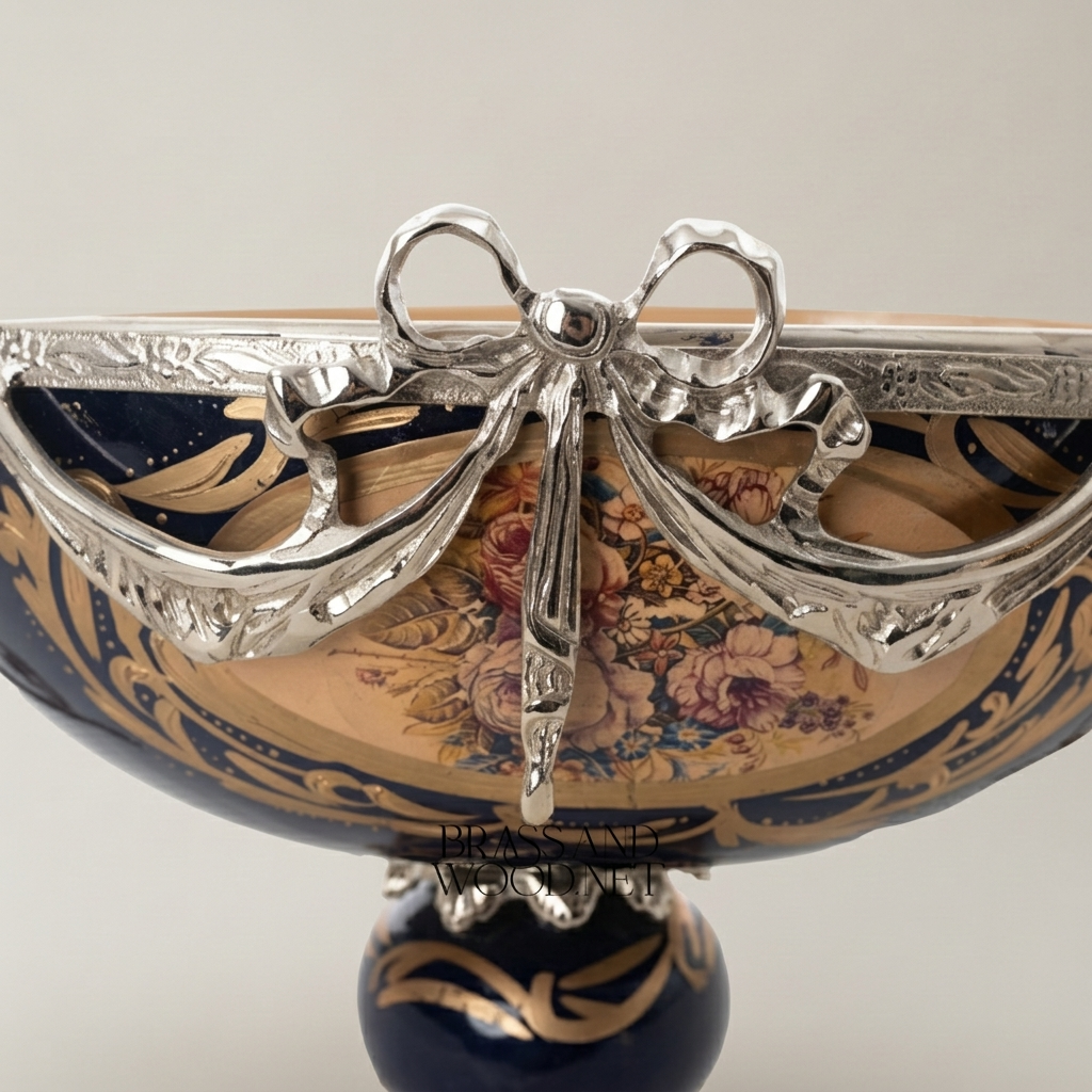Rococo Cobalt Ceramic & Brass Garniture Set — Floral Cartouche with Swag & Bow Centrepiece — Silver