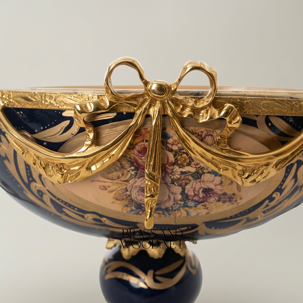 Rococo Cobalt Ceramic & Brass Garniture Set — Floral Cartouche with Swag & Bow Centrepiece
