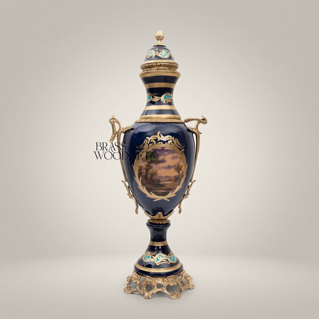 Rococo Cobalt Ceramic Lidded Urn Vase with Brass Mounts & Hand-Painted Floral Cartouche — Antique Gold