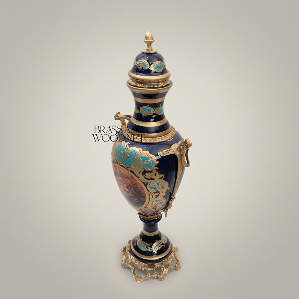 Rococo Cobalt Ceramic Lidded Urn Vase with Brass Mounts & Hand-Painted Floral Cartouche — Antique Gold