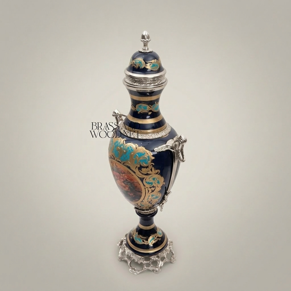 Rococo Cobalt Ceramic Lidded Urn Vase with Brass Mounts & Hand-Painted Floral Cartouche — Silver