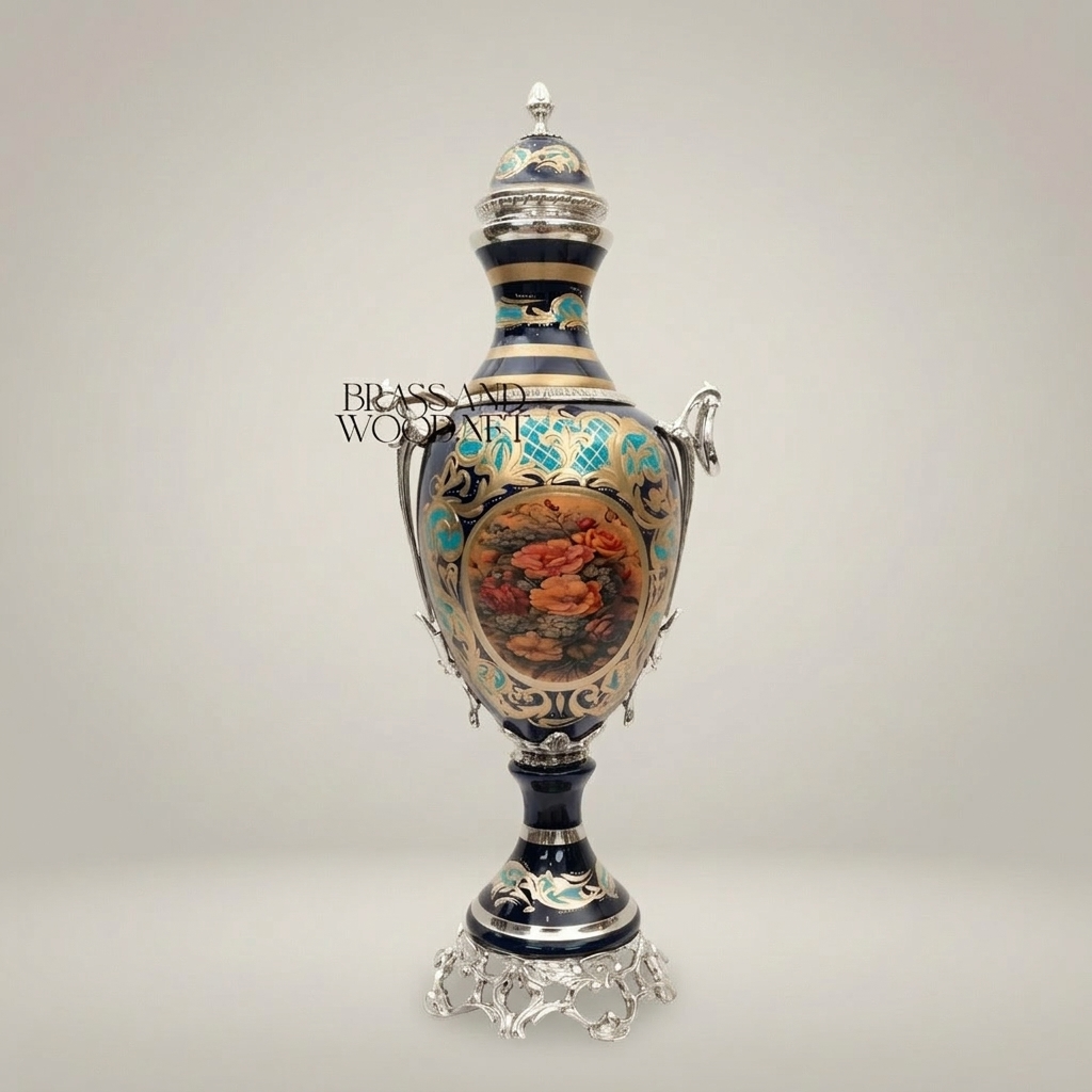 Rococo Cobalt Ceramic Lidded Urn Vase with Brass Mounts & Hand-Painted Floral Cartouche — Silver