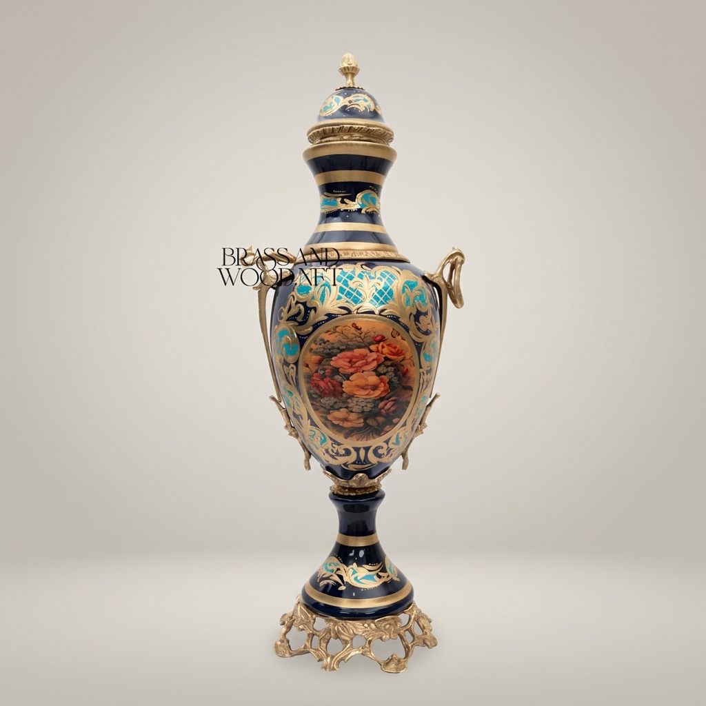 Rococo Cobalt Ceramic Lidded Urn Vase with Brass Mounts & Hand-Painted Floral Cartouche — Antique Gold