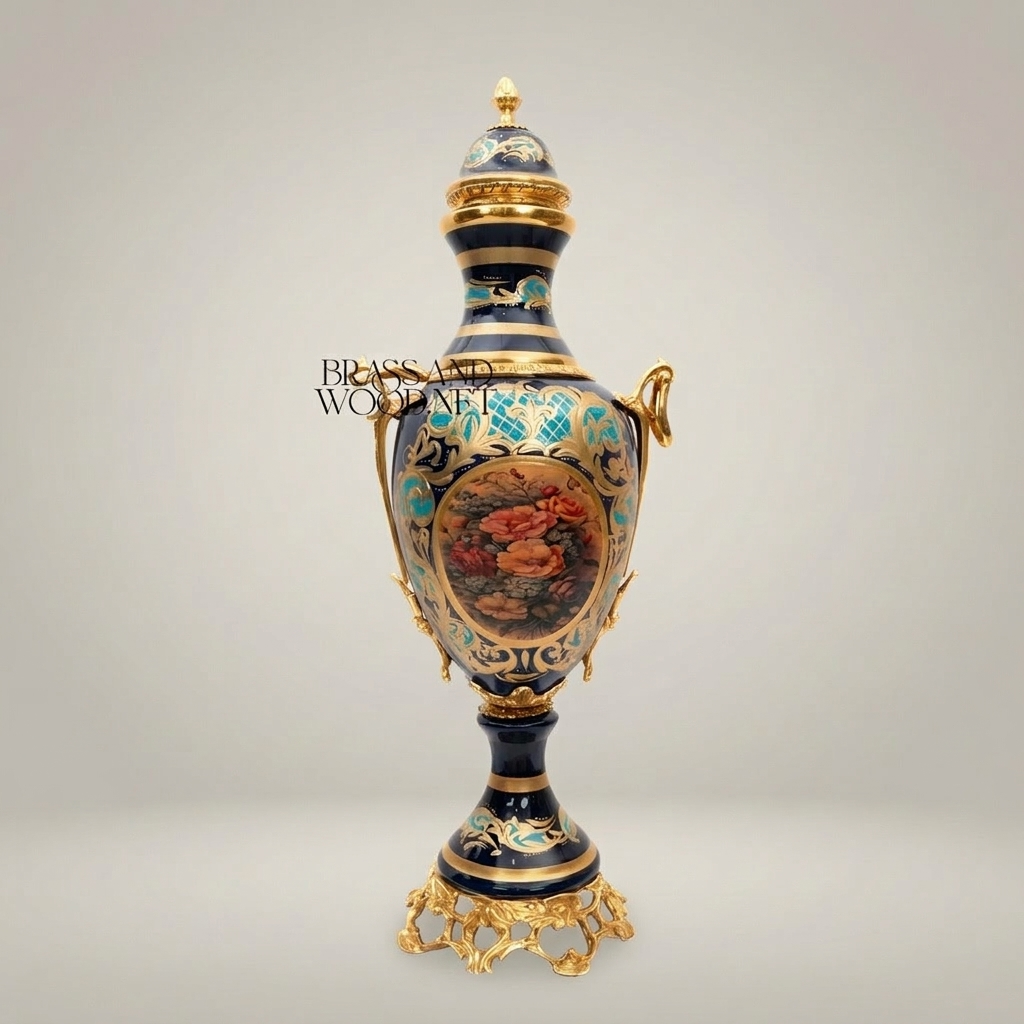 Rococo Cobalt Ceramic Lidded Urn Vase with Brass Mounts & Hand-Painted Floral Cartouche