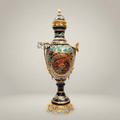 Rococo Cobalt Ceramic Lidded Urn Vase with Brass Mounts & Hand-Painted Floral Cartouche — Gold