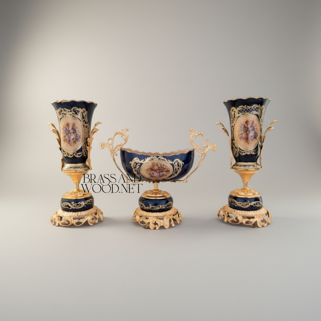 Rococo Cobalt Porcelain & Brass 3-Piece Garniture Set with Hand-Painted Floral Medallions — Gold