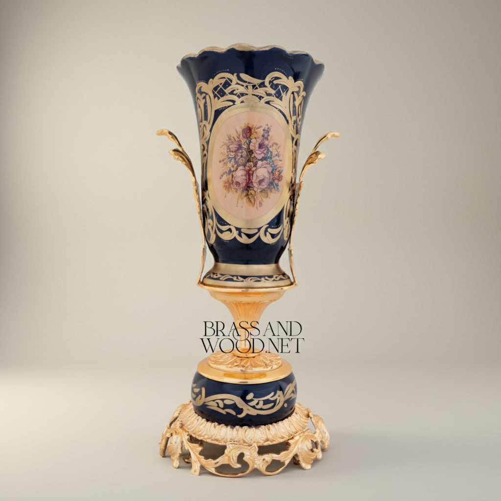 Rococo Cobalt Porcelain & Brass 3-Piece Garniture Set with Hand-Painted Floral Medallions