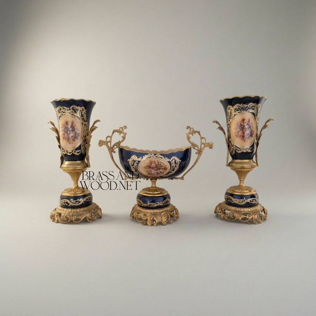 Rococo Cobalt Porcelain & Brass 3-Piece Garniture Set with Hand-Painted Floral Medallions — Antique Gold
