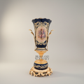 Rococo Cobalt Porcelain & Brass 3-Piece Garniture Set with Hand-Painted Floral Medallions — Gold