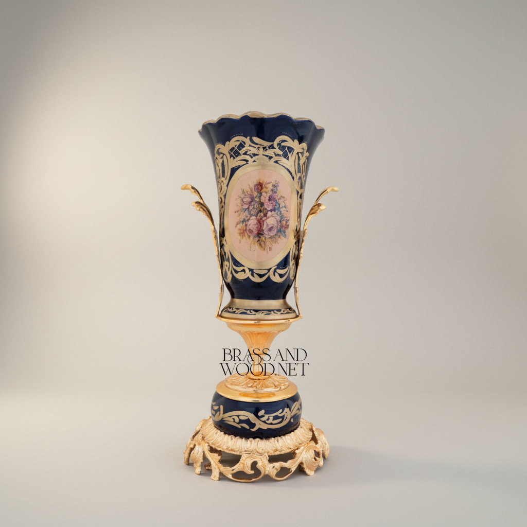 Rococo Cobalt Porcelain & Brass 3-Piece Garniture Set with Hand-Painted Floral Medallions — Gold
