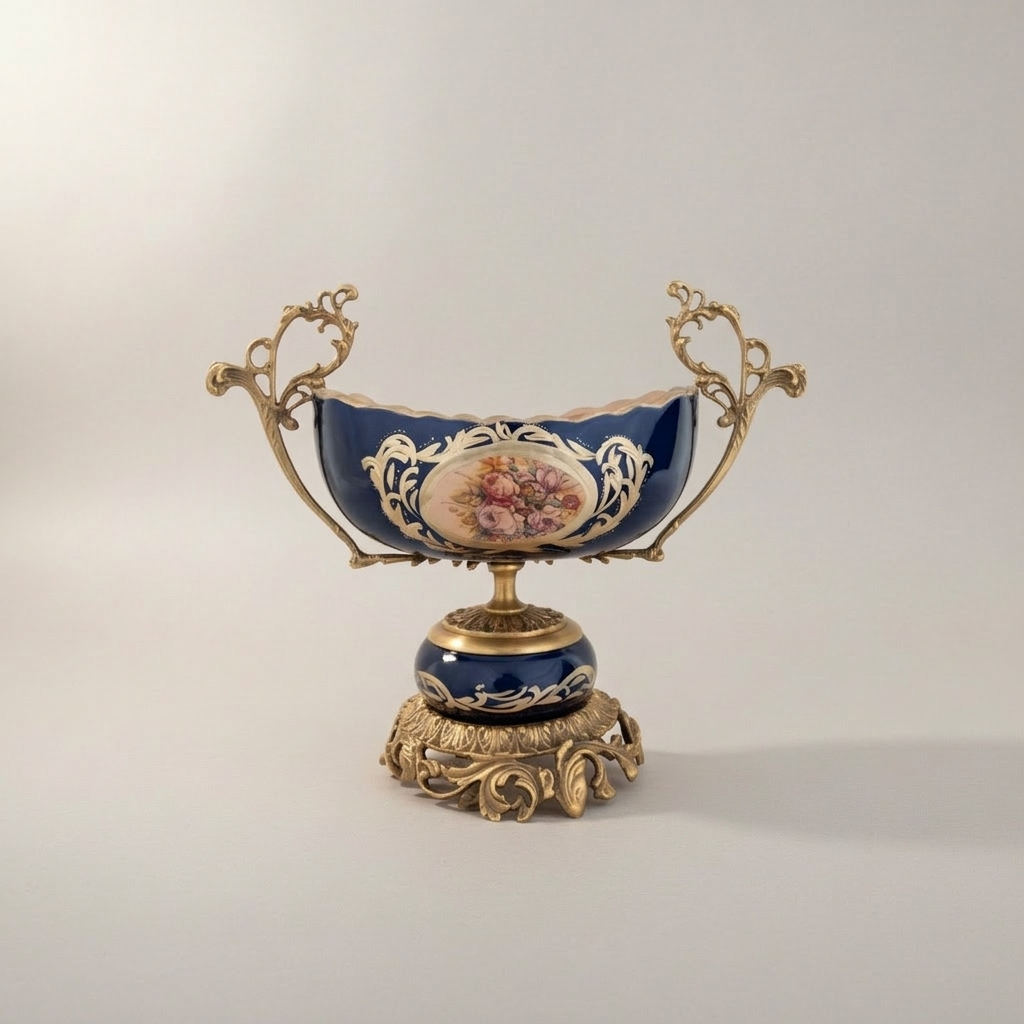 Rococo Cobalt Porcelain & Brass 3-Piece Garniture Set with Hand-Painted Floral Medallions — Antique Gold