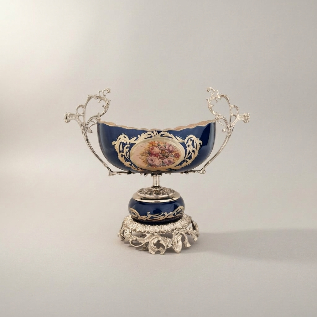 Rococo Cobalt Porcelain & Brass 3-Piece Garniture Set with Hand-Painted Floral Medallions — Silver
