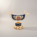 Rococo Cobalt Porcelain & Brass 3-Piece Garniture Set with Hand-Painted Floral Medallions — Gold