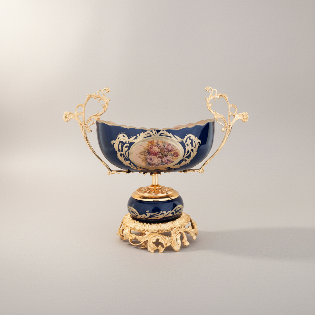 Rococo Cobalt Porcelain & Brass 3-Piece Garniture Set with Hand-Painted Floral Medallions — Gold
