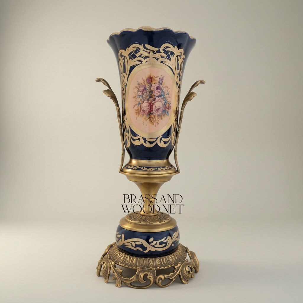 Rococo Cobalt Porcelain & Brass 3-Piece Garniture Set with Hand-Painted Floral Medallions — Antique Gold