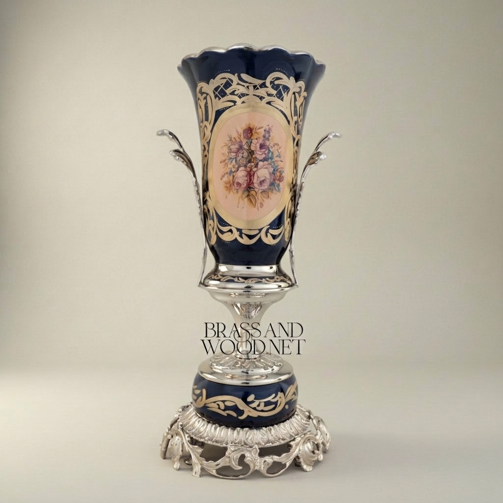 Rococo Cobalt Porcelain & Brass 3-Piece Garniture Set with Hand-Painted Floral Medallions — Silver