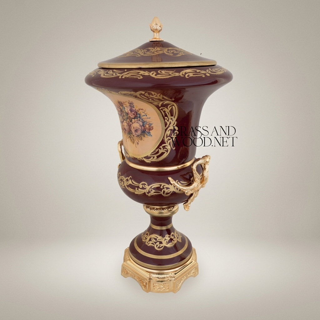 Rococo Covered Campana Urn Vase in Wine Ceramic with Brass Acanthus Scrollwork & Hand-Painted Floral Medallion — Gold