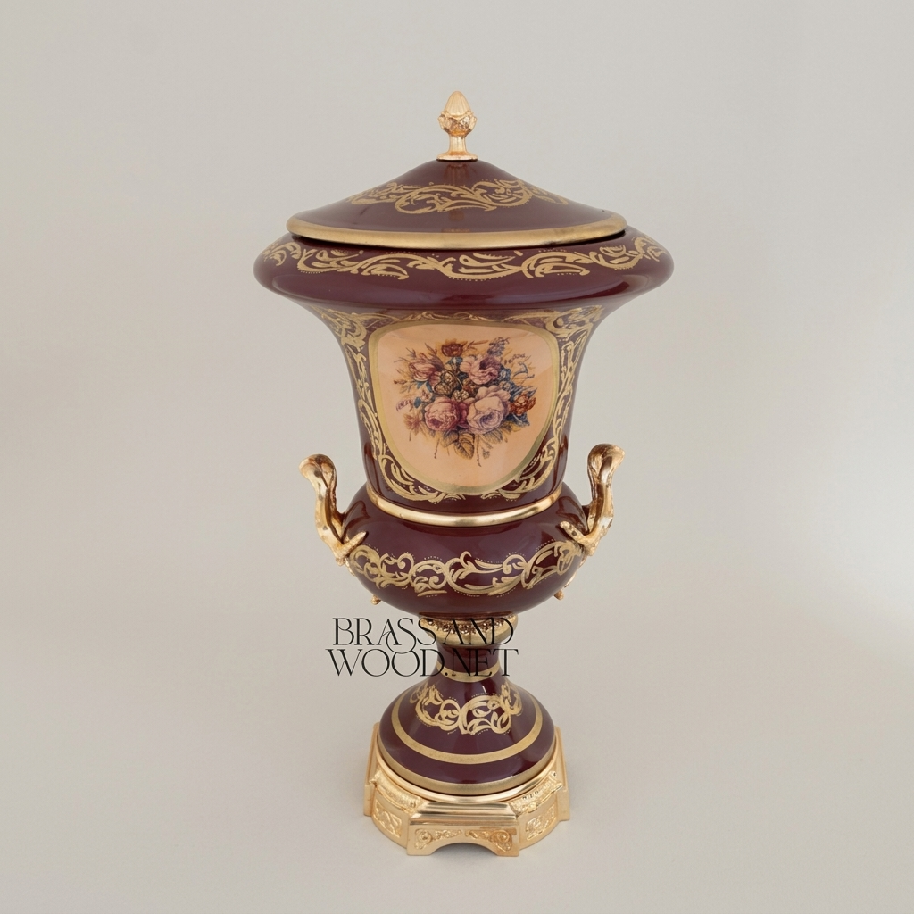 Rococo Covered Campana Urn Vase in Wine Ceramic with Brass Acanthus Scrollwork & Hand-Painted Floral Medallion — Gold