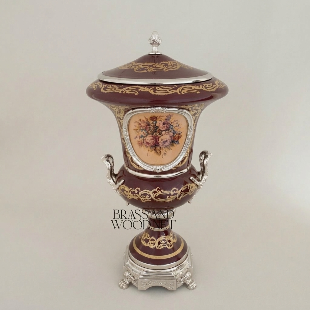 Rococo Covered Campana Urn Vase in Wine Ceramic with Brass Acanthus Scrollwork & Hand-Painted Floral Medallion — Silver