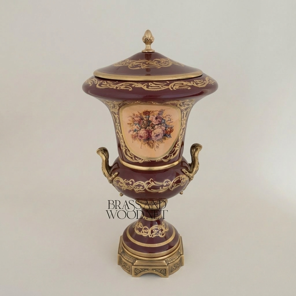 Rococo Covered Campana Urn Vase in Wine Ceramic with Brass Acanthus Scrollwork & Hand-Painted Floral Medallion — Antique Gold