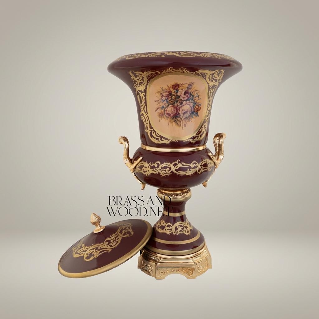 Rococo Covered Campana Urn Vase in Wine Ceramic with Brass Acanthus Scrollwork & Hand-Painted Floral Medallion — Gold