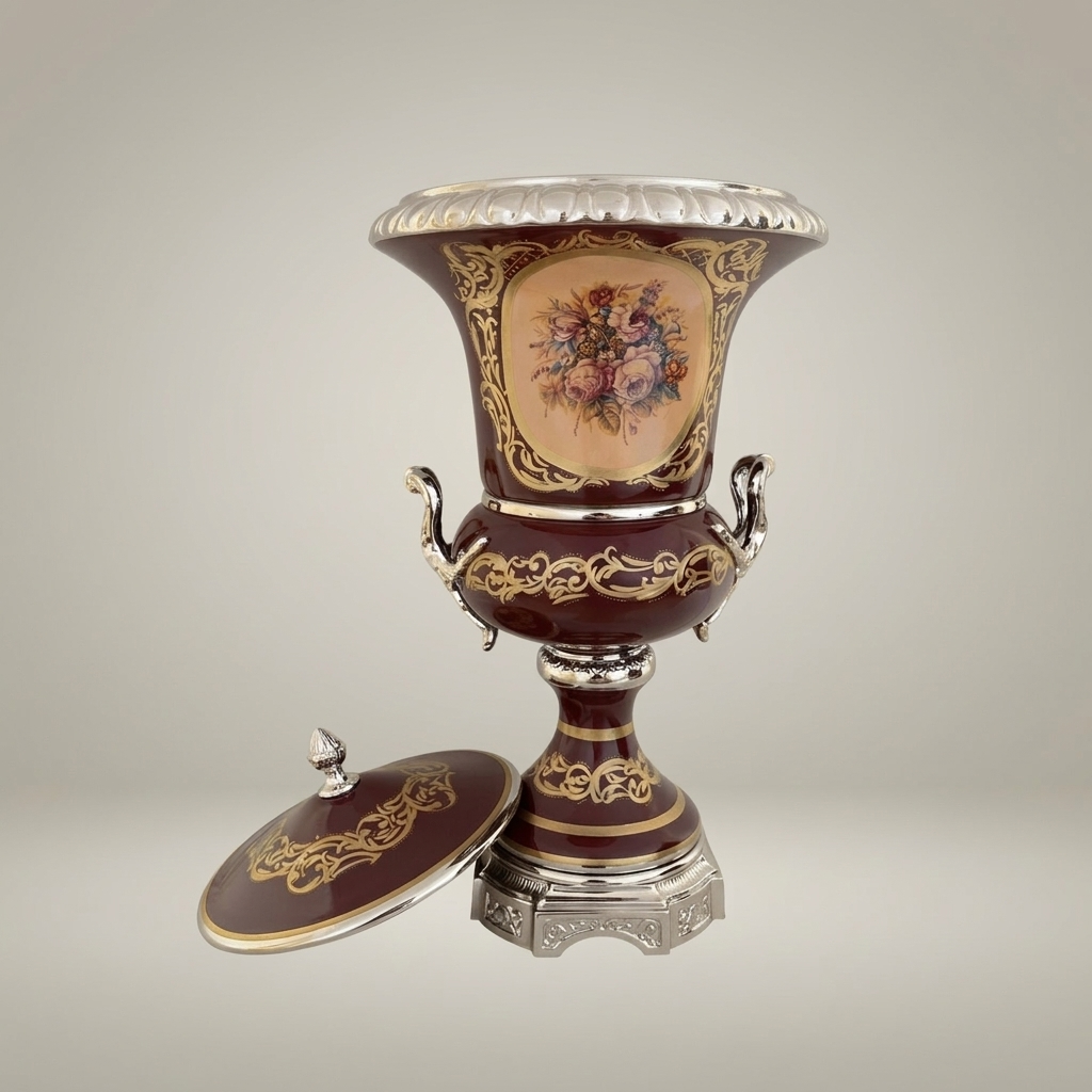 Rococo Covered Campana Urn Vase in Wine Ceramic with Brass Acanthus Scrollwork & Hand-Painted Floral Medallion — Silver
