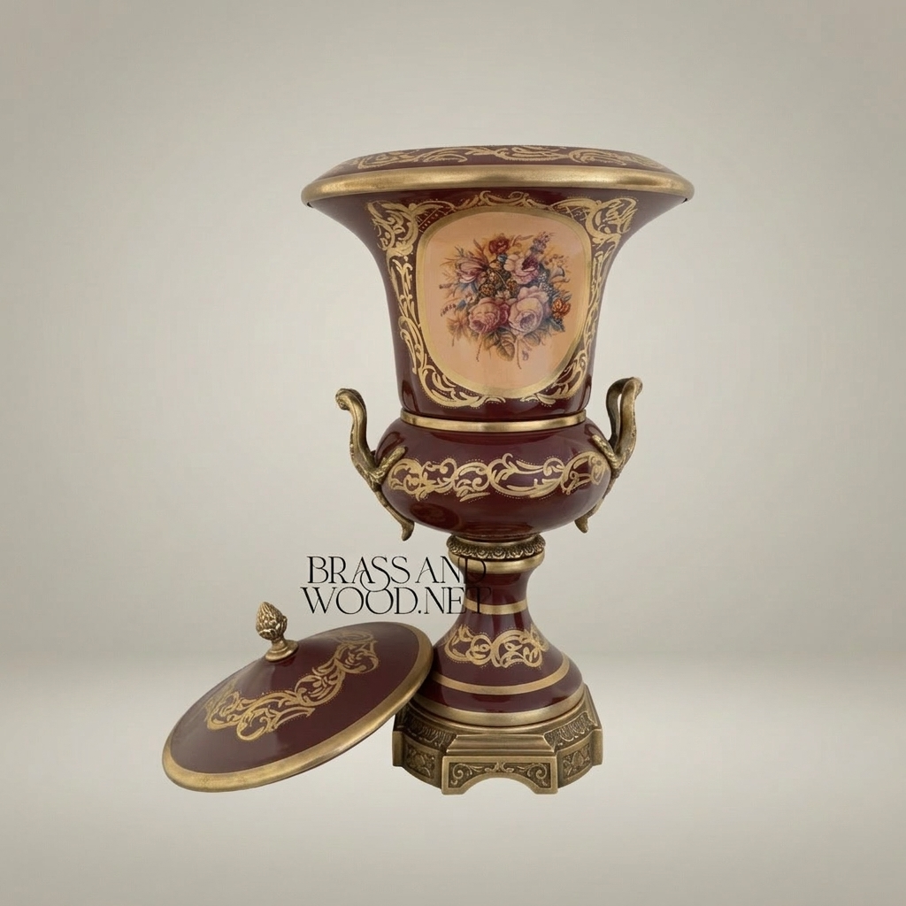 Rococo Covered Campana Urn Vase in Wine Ceramic with Brass Acanthus Scrollwork & Hand-Painted Floral Medallion — Antique Gold