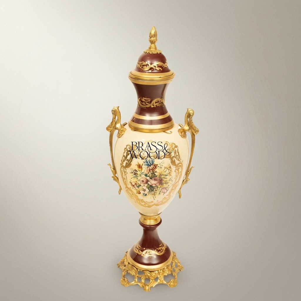 Rococo Covered Urn Vase — Hand-Painted Floral Cartouche with Gilt Brass Dragon Handles