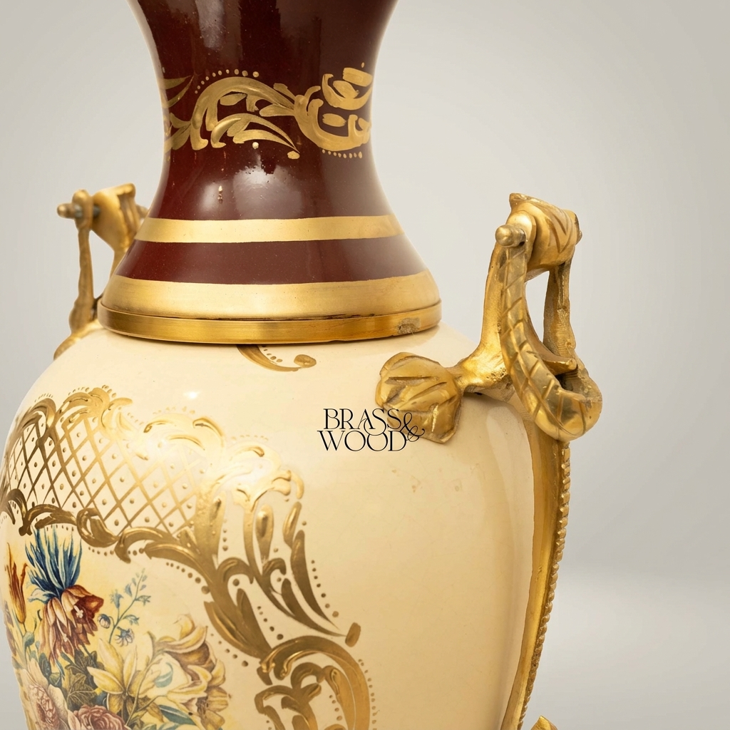 Rococo Covered Urn Vase — Hand-Painted Floral Cartouche with Gilt Brass Dragon Handles
