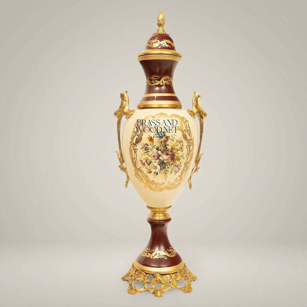 Rococo Covered Urn Vase — Hand-Painted Floral Cartouche with Gilt Brass Dragon Handles