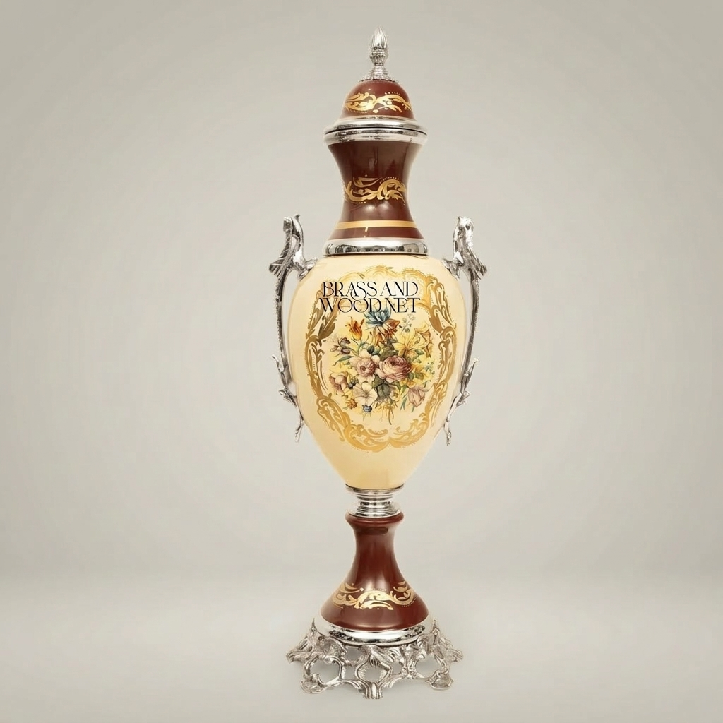 Rococo Covered Urn Vase — Hand-Painted Floral Cartouche with Gilt Brass Dragon Handles — Silver