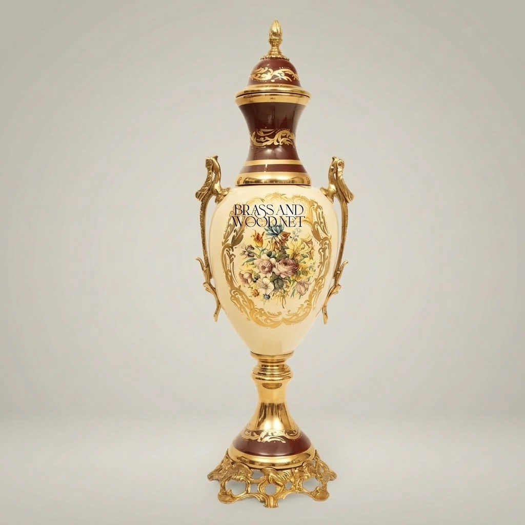 Rococo Covered Urn Vase — Hand-Painted Floral Cartouche with Gilt Brass Dragon Handles — Antique Gold