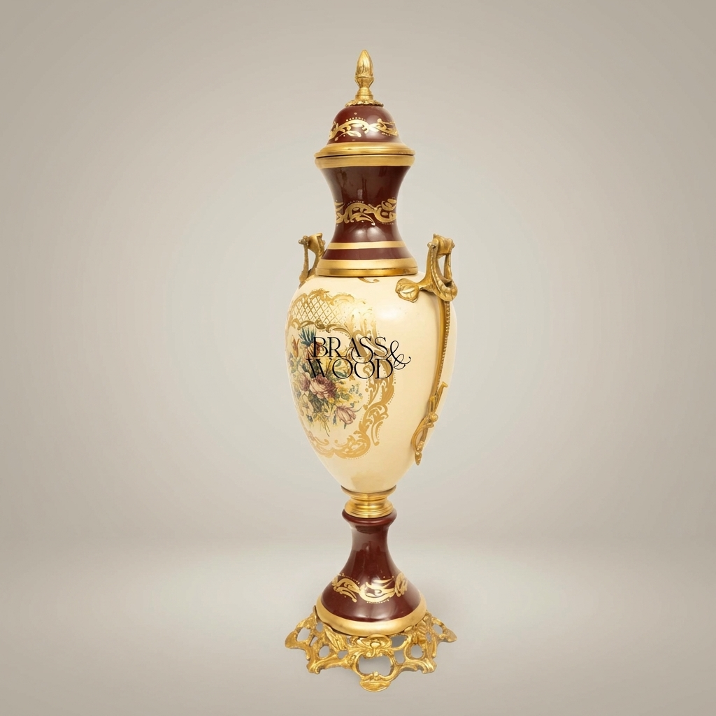 Rococo Covered Urn Vase — Hand-Painted Floral Cartouche with Gilt Brass Dragon Handles