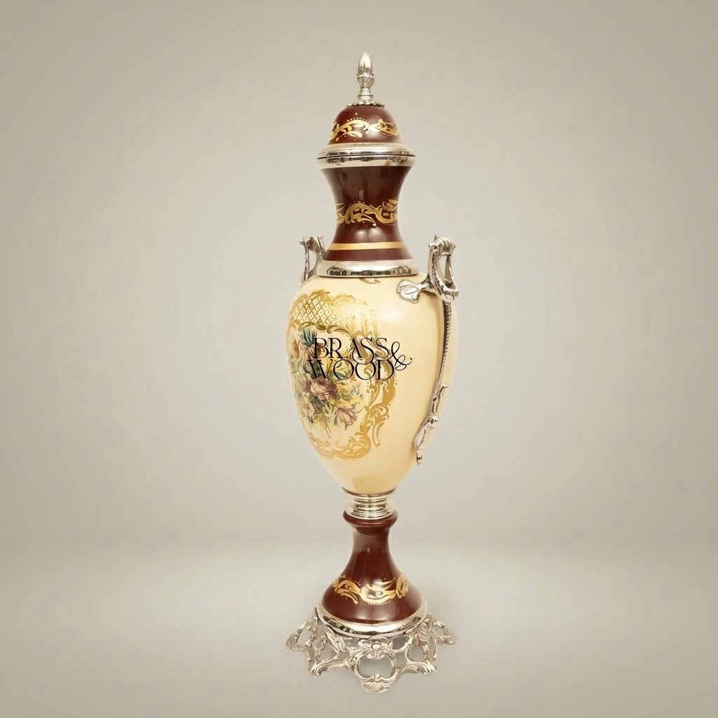 Rococo Covered Urn Vase — Hand-Painted Floral Cartouche with Gilt Brass Dragon Handles — Silver