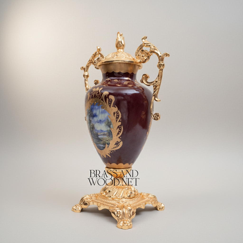 Rococo Covered Urn Vase – Wine Ceramic with Gilt Brass Mounts & Hand-Painted Landscape Medallion