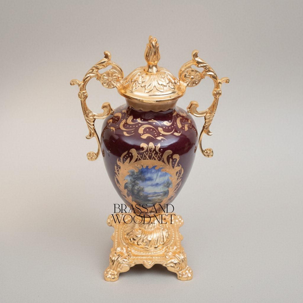 Rococo Covered Urn Vase – Wine Ceramic with Gilt Brass Mounts & Hand-Painted Landscape Medallion