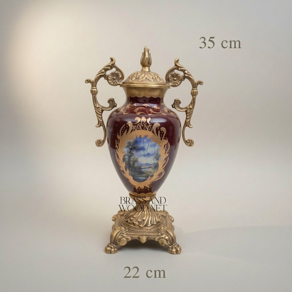 Rococo Covered Urn Vase – Wine Ceramic with Gilt Brass Mounts & Hand-Painted Landscape Medallion — Antique Gold