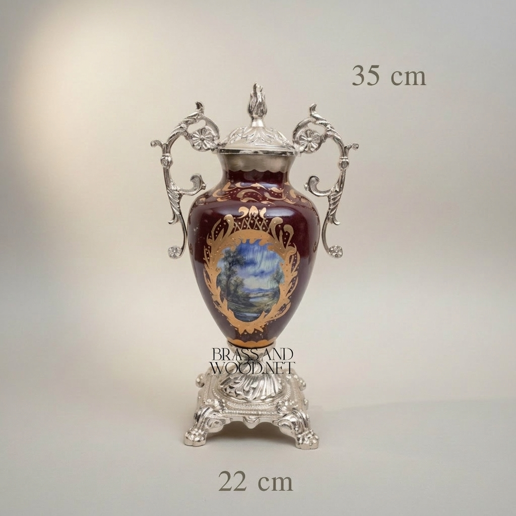 Rococo Covered Urn Vase – Wine Ceramic with Gilt Brass Mounts & Hand-Painted Landscape Medallion — Silver