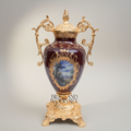 Rococo Covered Urn Vase – Wine Ceramic with Gilt Brass Mounts & Hand-Painted Landscape Medallion — Gold