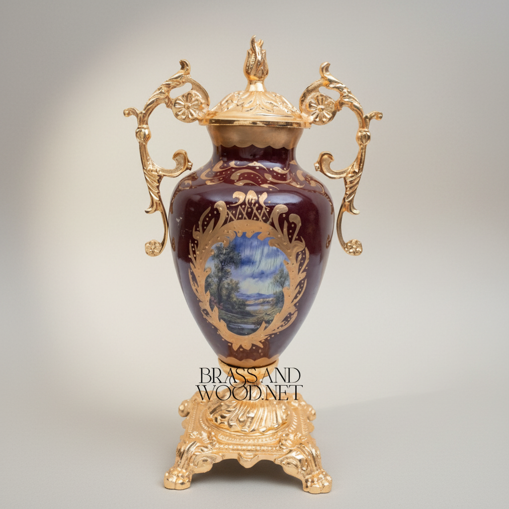 Rococo Covered Urn Vase – Wine Ceramic with Gilt Brass Mounts & Hand-Painted Landscape Medallion — Gold