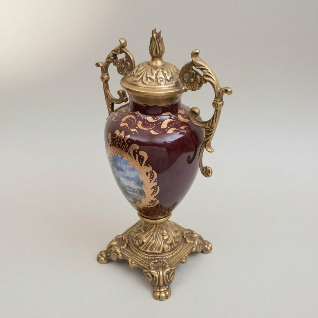 Rococo Covered Urn Vase – Wine Ceramic with Gilt Brass Mounts & Hand-Painted Landscape Medallion — Antique Gold