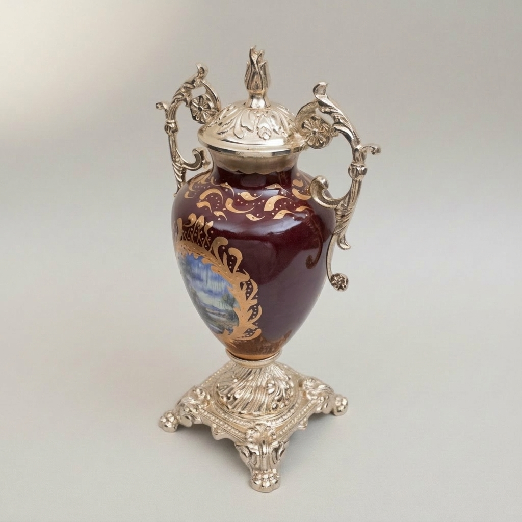 Rococo Covered Urn Vase – Wine Ceramic with Gilt Brass Mounts & Hand-Painted Landscape Medallion — Silver