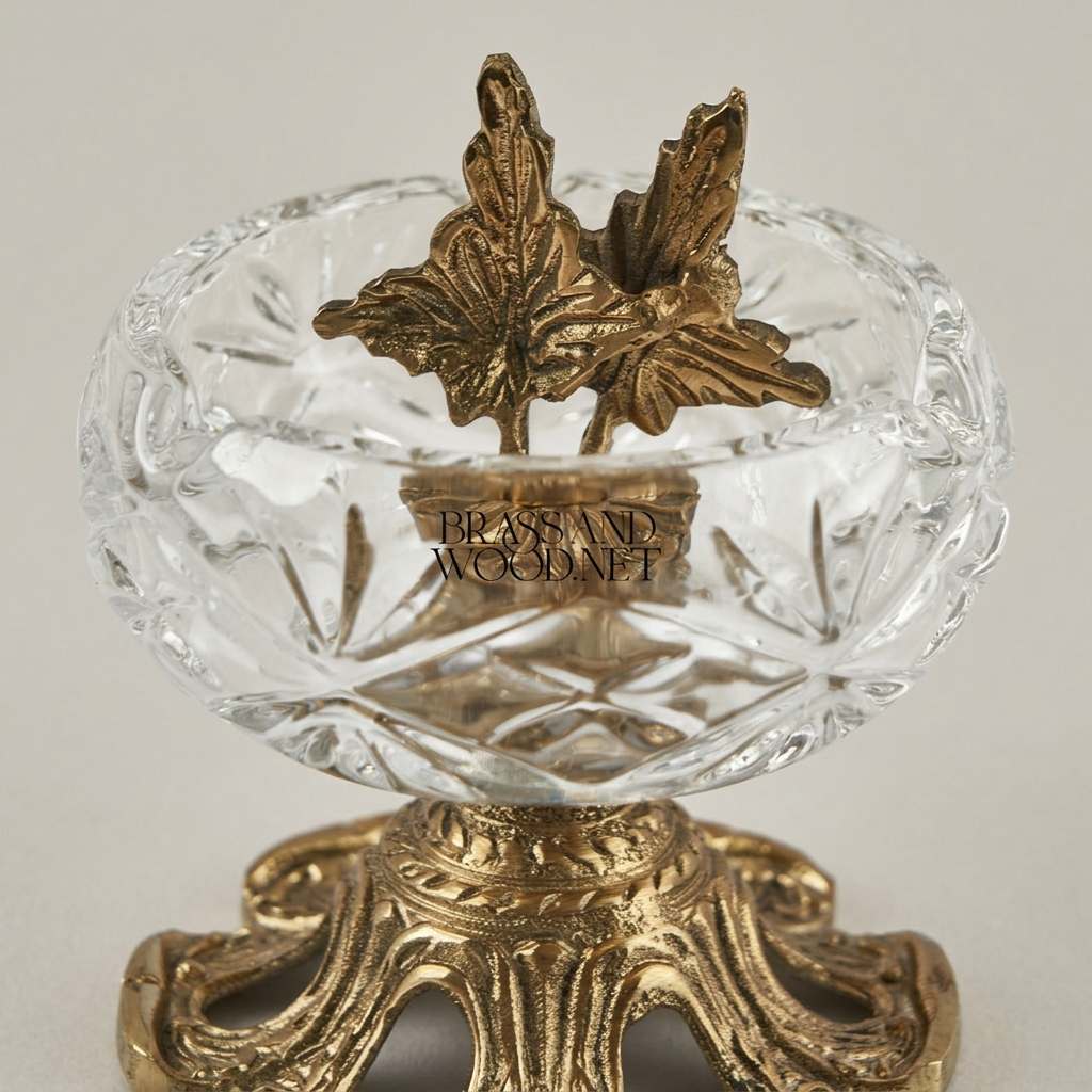 Rococo Crystal Ashtray with Foliate Brass Pedestal & Bird Finial — Antique Gold