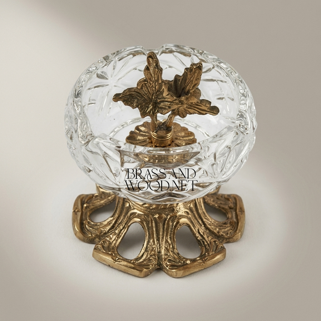 Rococo Crystal Ashtray with Foliate Brass Pedestal & Bird Finial — Antique Gold