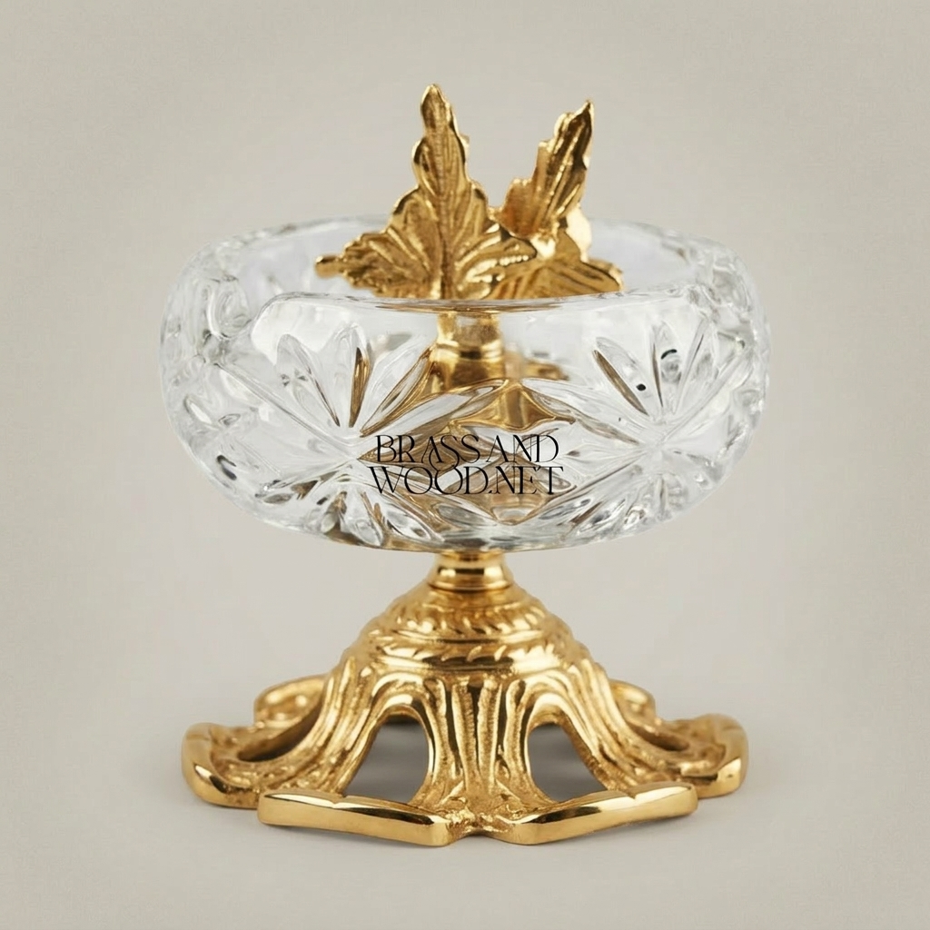 Rococo Crystal Ashtray with Foliate Brass Pedestal & Bird Finial — Gold