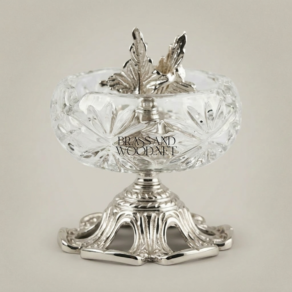 Rococo Crystal Ashtray with Foliate Brass Pedestal & Bird Finial — Silver