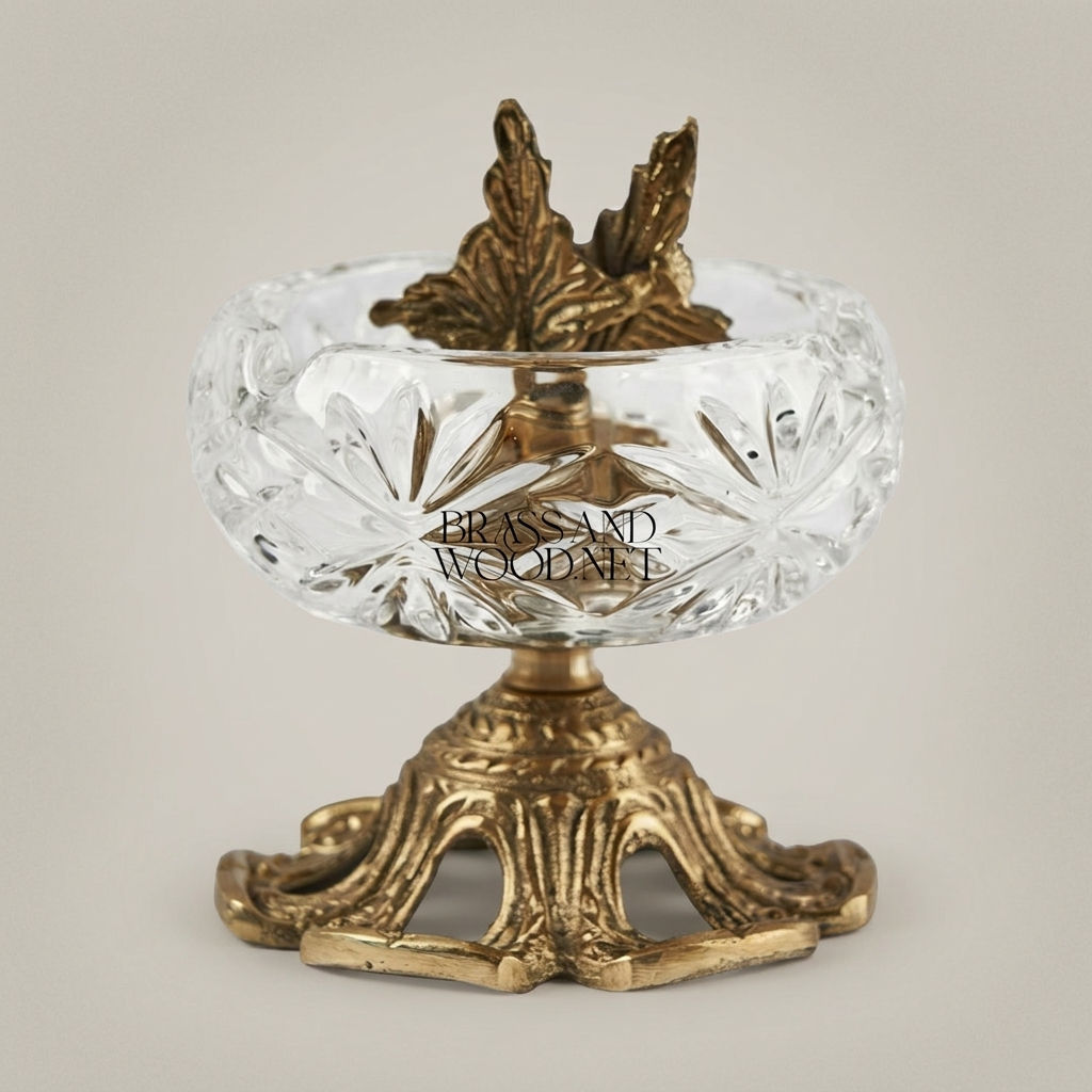 Rococo Crystal Ashtray with Foliate Brass Pedestal & Bird Finial — Antique Gold